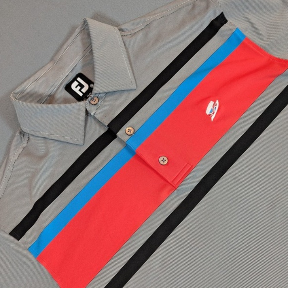 FootJoy FJ Golf Polo Shirt Mens Size M Gray Red Blue Stripe Performance‎